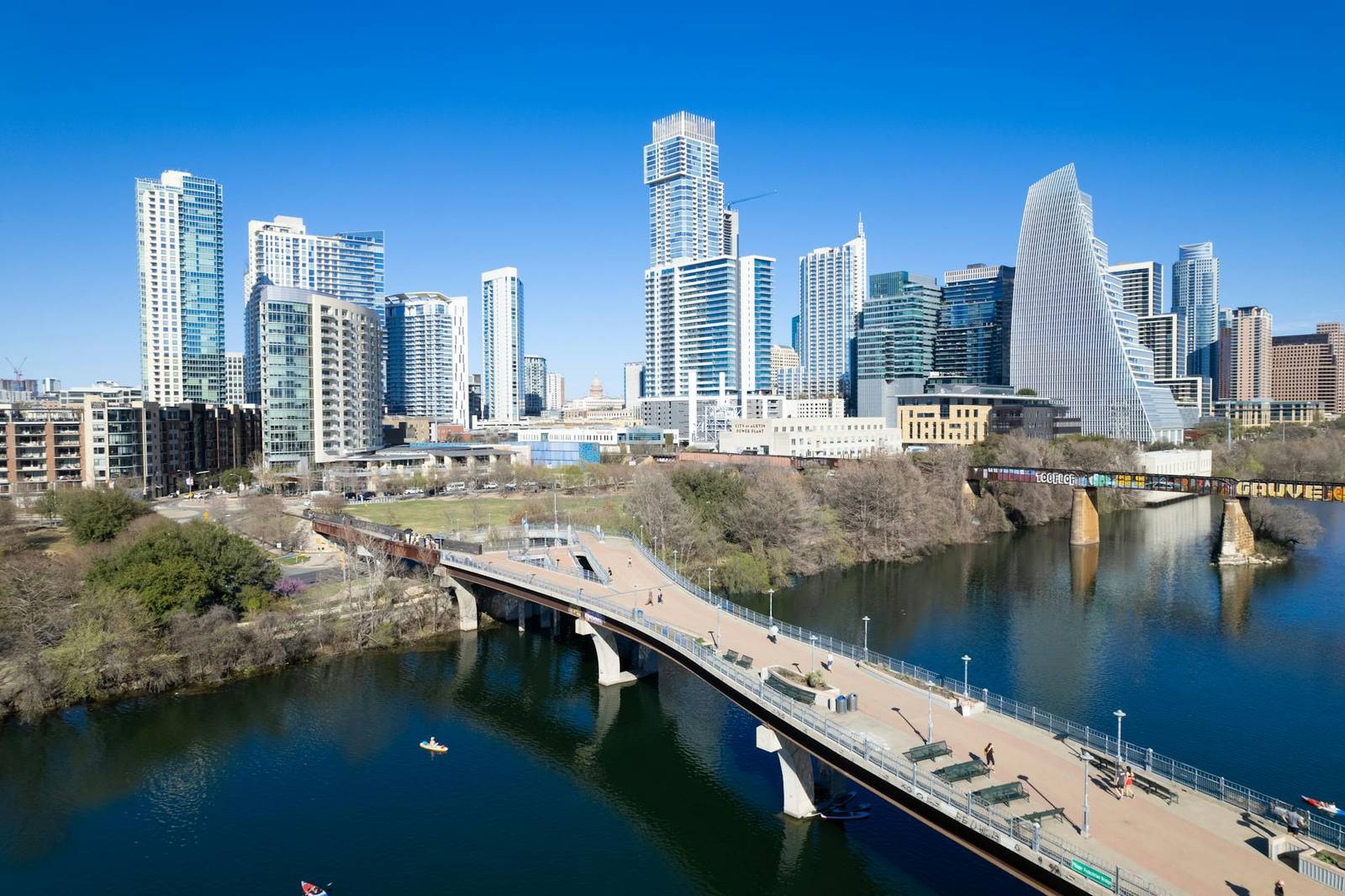 Austin Texas downtown skyline over Lady Bird Lake